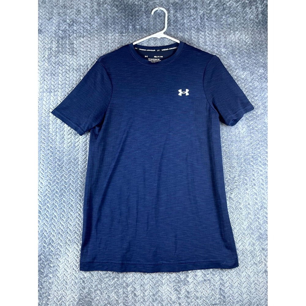 Under Armour Seamless Tee Mens Small Blue Logo Fitted Pullover Short Sleeve